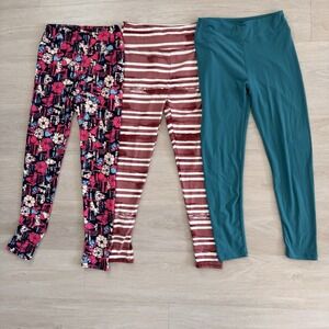 LuLaRoe Leggings Lot of 3 OS Floral Stripe Teal Buttery Soft Women's